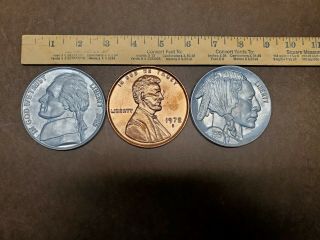 Vintage 3 " Large Novelty Coin Jefferson Nickle,  Lincoln Penny,  Buffalo Nickle.