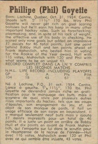 1958 - 59 Parkhurst Phil Goyette 47 EX,  Vintage Hockey Card 2