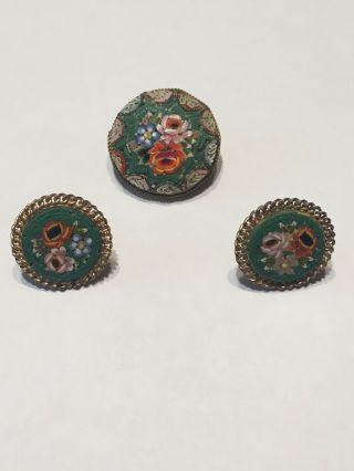 FANTASTIC VINTAGE MICRO MOSAIC BROOCH AND SCREW BACK EARRING SET ITALY 2