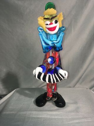 Vintage Murano Art Style Glass Clowns 10 " Tall With Accordion/squeeze Box