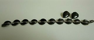 Vtg David Andersen Sterling & Black Enamel Double Leaf Bracelet & Earrings.  7 "