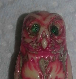 Impossible Find Small Celluloid? Vintage Early Plastic Owl Pin Rhinestones Eyes
