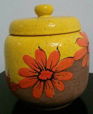 Vintage Bitossi Italy Pottery Jar W/ Lid Bright Yellow Orange Flowers