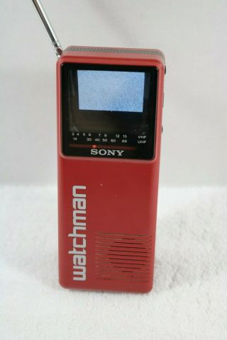 Red Vintage Sony Watchman FD - 10A Flat Black & White Television,  Circa 1986 - 1990 2