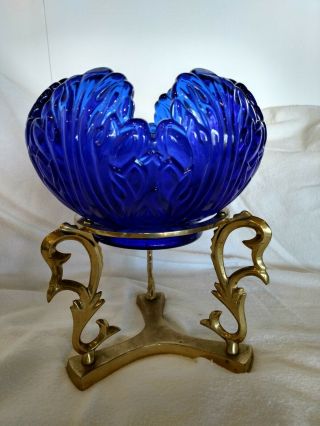 Vintage Fenton Art Glass Cobalt Blue Rose Glass Bowl W/ Brass Stand