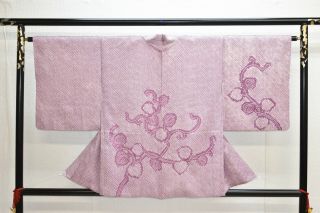 Vintage Silk Kimono Jacket:fully Shibori Light Purple Aoi Leaves@yl27