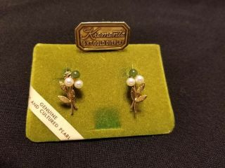 Krementz Vintage 14k Gold Overlay Jade And Cultured Pearl W Screw Back Earrings