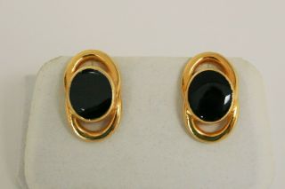 Vtg Givenchy Paris York Gold Tone & Black Oval Earrings
