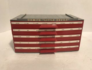 Vintage Ohmite " Little Devils " 5 Drawer Molded Cabinet With Assorted Resistors
