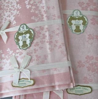 Vintage Pink Pure Irish Linen Damask Tablecloth 52x69 " 6 Napkins W Labels