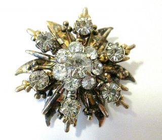 Vintage Atomic White Crystal Rhinestone Starburst / Sunburst Brooch Pin