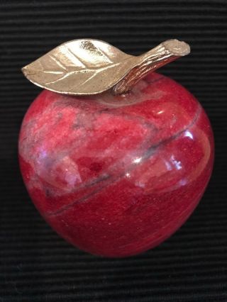 Vintage Stone Granite Red Apple Paperweight With Gold Tone Stem And Leaf