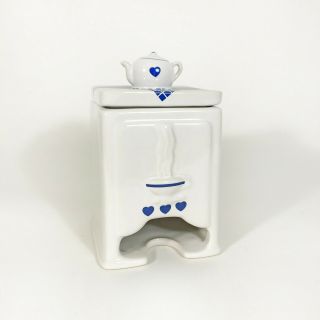 Vintage Tea Bag Sugar Dispenser Blue White Ceramic Canister Teapot Lid Hearts