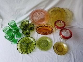 20 Mixed Depression Vintage Glass Dishes Green Amber Ruby Pink Bowl Plate,