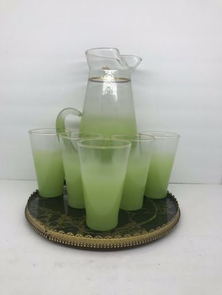 West Virginia Glass Blendo Vtg Green Clear Carafe 5 Cups 60s Frosted