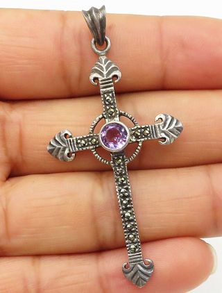 925 Silver - Vintage Amethyst & Marcasite Religious Cross Drop Pendant - P6702
