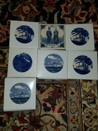 7 Vintage Porcelain Blue And White Delft Holland America Line Tiles Coasters