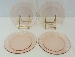 Vintage Arcoroc Pink Depression Glass Set Of 4 Luncheon Plates Swirled Edge