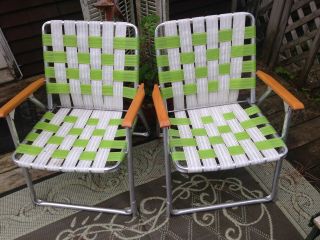 2 Vintage Lime Green & White Aluminum Webbed Folding Lawn Chairs Wood Arms
