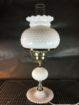 Vintage Fenton White Milk Glass Hobnail Hurricane Parlor Student Lamp