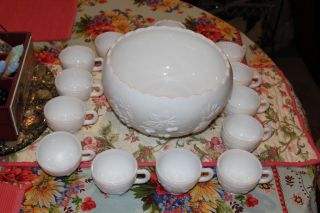 Vintage Westmoreland Milk Glass Punch Bowl Set 13 Cups Grapes Pineapples Cherry