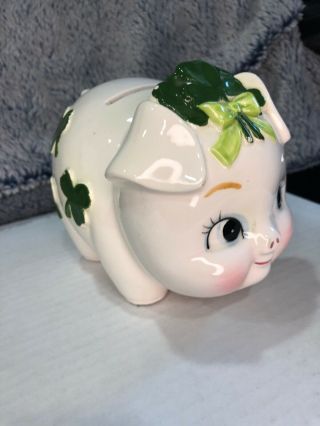 VINTAGE 50’s Lefton China Pig Piggy Bank SHAMROCKS Stopper 6.  5 