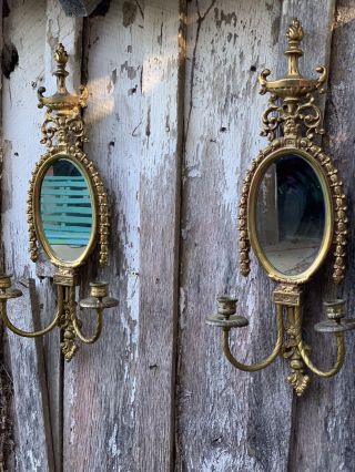 Vintage Large Brass Wall Sconces With Mirrors