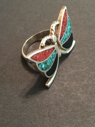 Vintage 1970s Native American Jewelry Butterfly Ring Turquoise Coral Onyx Silver 2