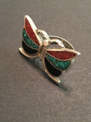 Vintage 1970s Native American Jewelry Butterfly Ring Turquoise Coral Onyx Silver 3