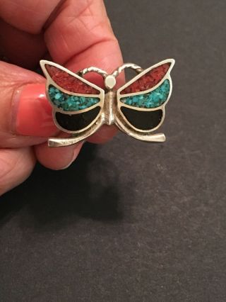 Vintage 1970s Native American Jewelry Butterfly Ring Turquoise Coral Onyx Silver 5
