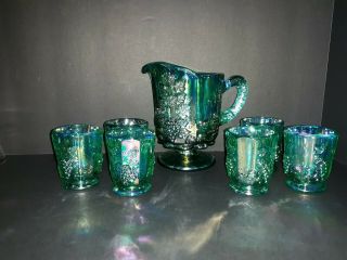Vintage Westmoreland Green Iridescent Carnival Glass Pitcher & 6 Small Glasses