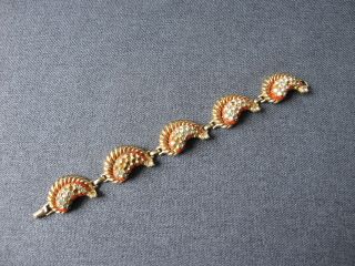 Vintage Signed Hattie Carnegie Rhinestones & Coral Color Beads Golden Bracelet
