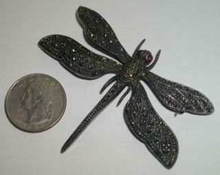 Lg.  Vintage Dragonfly Pin / 925 Sterling Silver / Ruby Eyes / Marcasite / 2.  875 "
