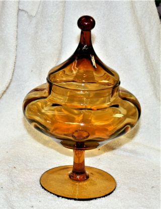 Vintage Italy Empoli Art Glass Amber Gold Pedestal Candy Dish With Ball Lid
