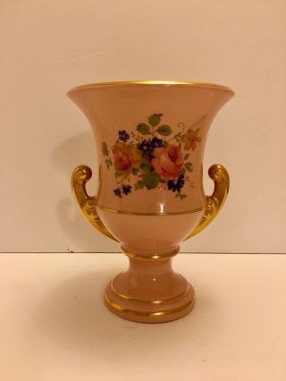 Vintage Hand Painted Pink Floral Vase Urn With Gold Gilt Handles
