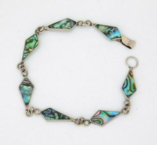 Mexican Abalone Bracelet Alpaca Silver 7 - 1/4 " Vintage Link Panel Shell Inlays