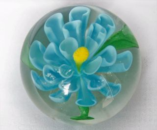 Vintage Open Flower Blue Zinnia Paperweight Blown Glass Rough Pontil Bloom
