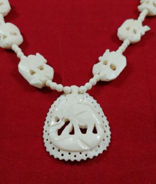 Elephant Pendant Beads Necklace Bovine Bone African Carved Tribal Vintage