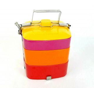 Vtg Bento Box Lunchbox Gold Fish Brand Melamine Tiffin Carrier Red Orange Purple
