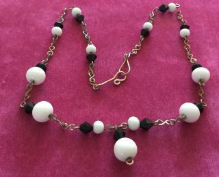Vintage Art Deco Black & White Glass Bead / Rolled Gold Necklace C1930 