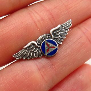 Vintage 925 Sterling Silver Wwii Us Army Air Force Wings Enamel " Cap " Pin Brooch
