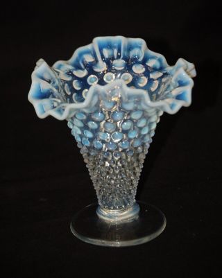 Vintage Fenton Art Glass White French Opalescent Hobnail Ruffled Rose Bowl Vase