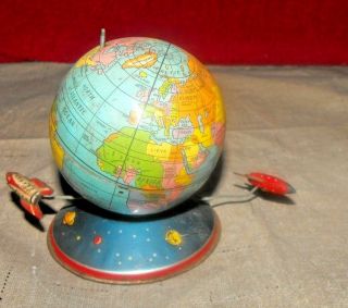 Vintage Mt Modern Toys Japan Tin Wind Up World Globe W/spaceships