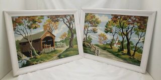 Vintage Pair 18 X 14 Covered Bridge Country Church Framed Art Paint By Number