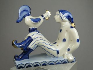 Large Vintage Ussr Russian Gzhel Blue & White Porcelain Boy & Rooster Figurine