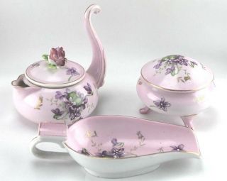 Vintage Hand Painted Purple Porcelain Violets Creamer,  Sugar Bowl,  Spoon Rest