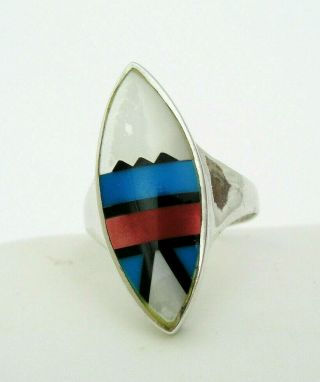 Vintage Zuni Sterling Silver Ring - Mother Of Pearl Mop,  Turquoise,  Coral & Onyx