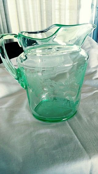 Vintage Green Uranium Glass Pitcher With Ice Lip Depression Era Acid Etched