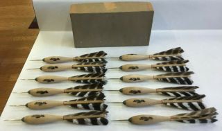 12 Vintage Official Apex No 2 Tournament Wood Darts Steel Tip Turkey Feathers