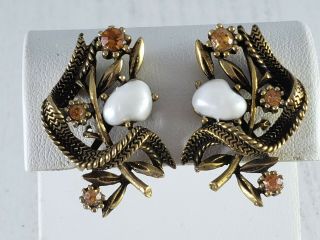 Vintage Earrings Clip On Signed Coro Faux Pearls Gold Tone Rhinestones